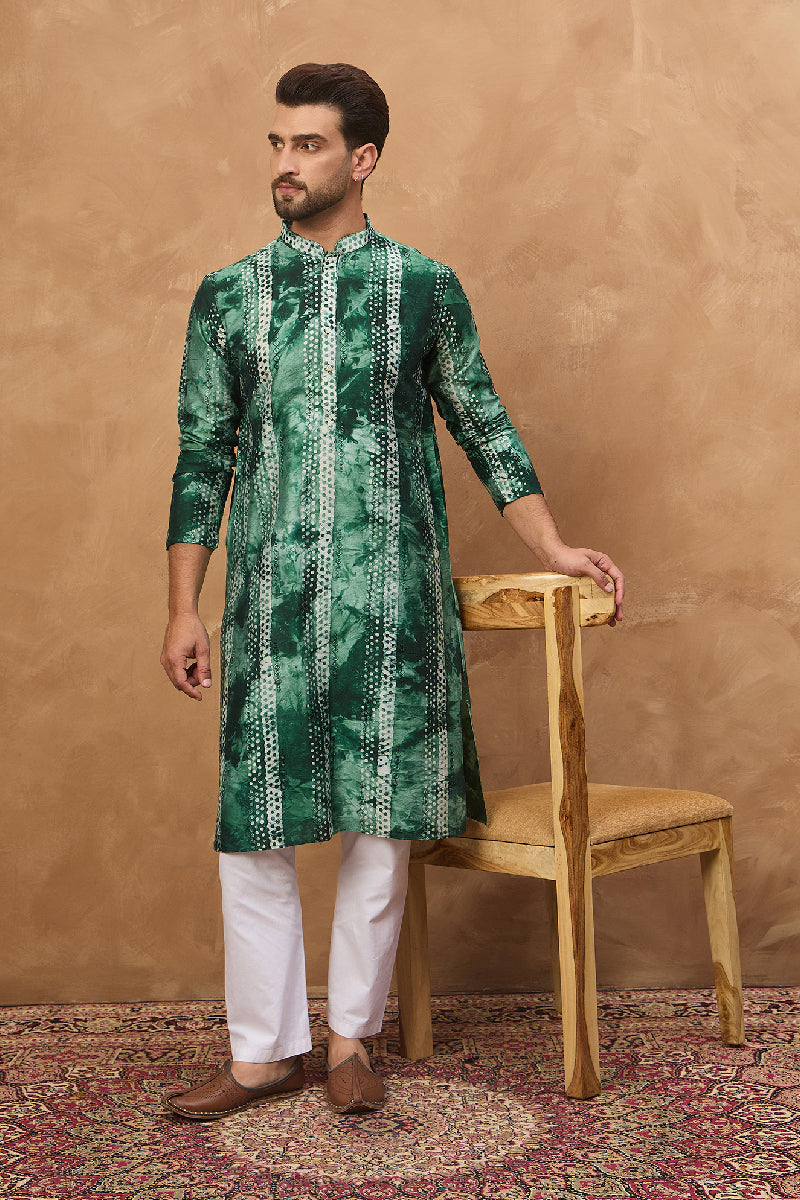 Green Silk Blend Shibori Embroidered Straight Kurta With Pant Set MKSET1538