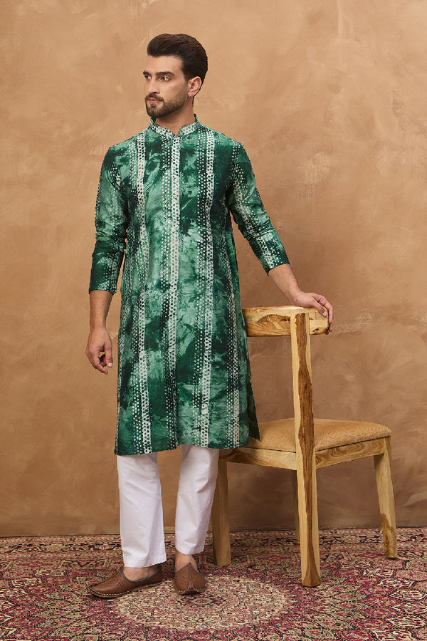 Green Silk Blend Shibori Embroidered Straight Kurta With Pant Set MKSET1538