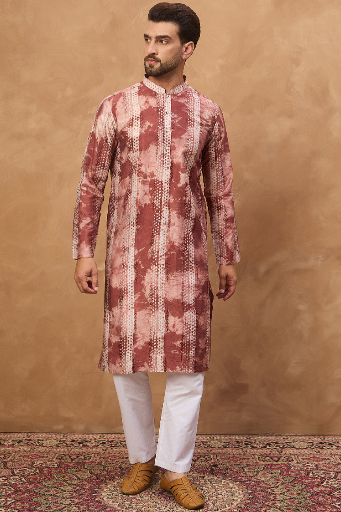 Brown Silk Blend Shibori Embroidered Straight Kurta With Pant Set MKSET1539