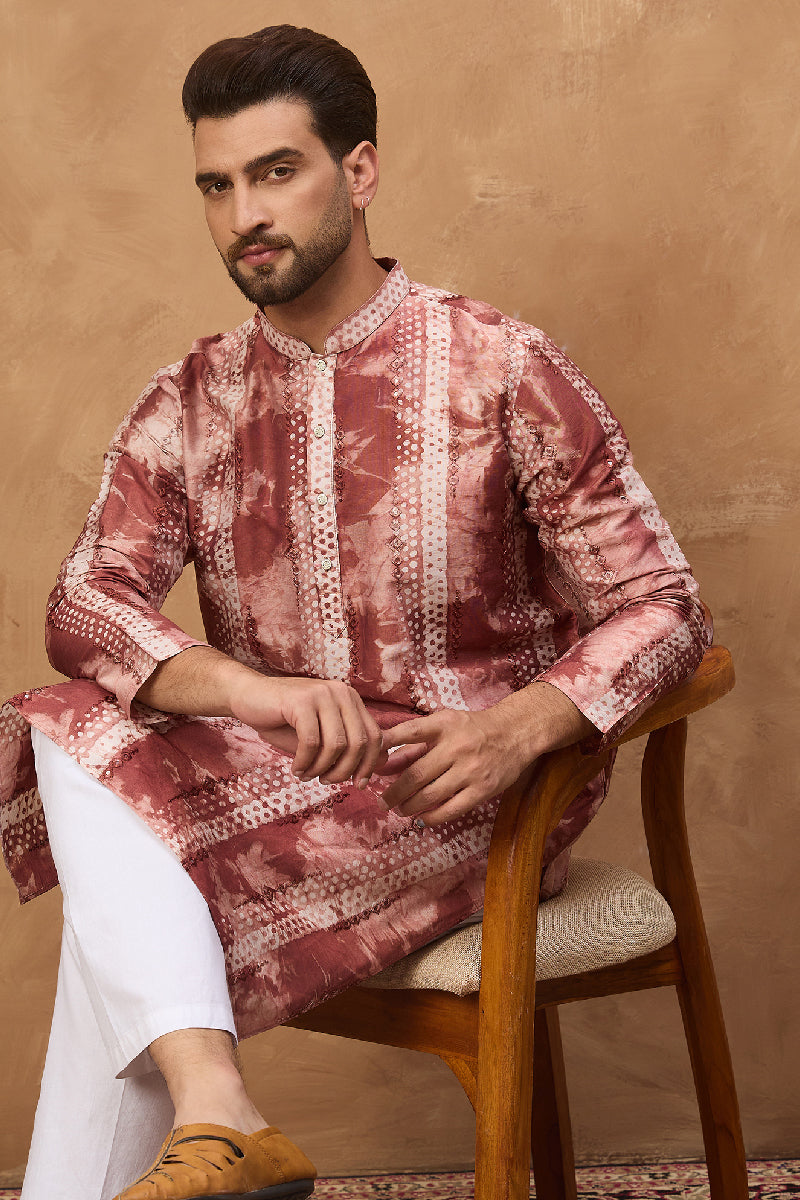 Brown Silk Blend Shibori Embroidered Straight Kurta With Pant Set MKSET1539