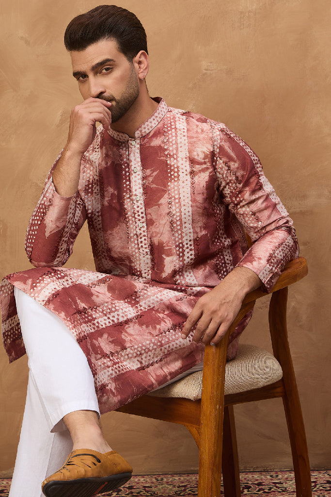 Brown Silk Blend Shibori Embroidered Straight Kurta With Pant Set MKSET1539