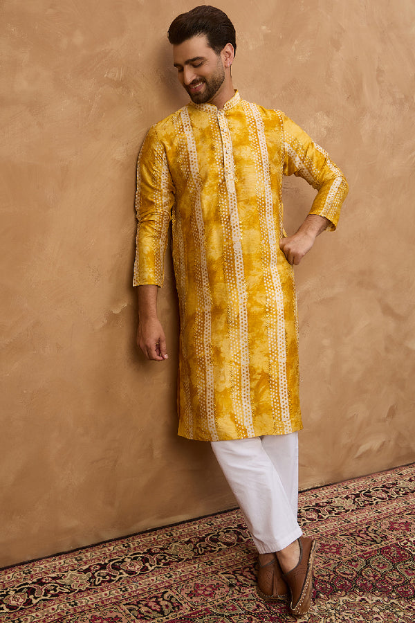 Yellow Silk Blend Shibori Embroidered Straight Kurta MKU1540