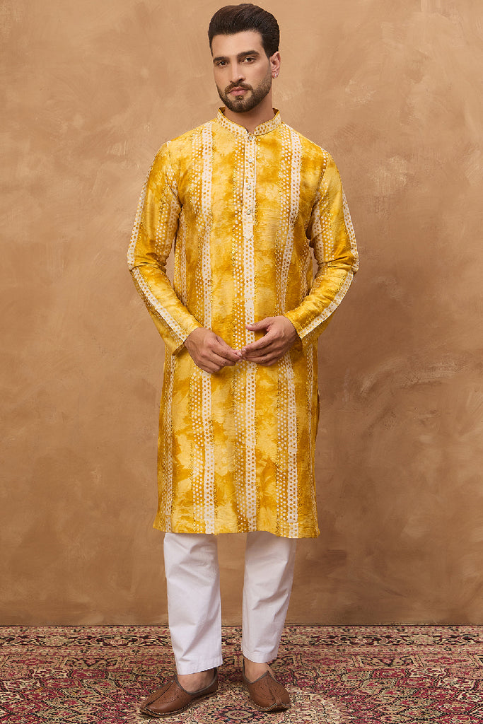 Yellow Silk Blend Shibori Embroidered Straight Kurta MKU1540