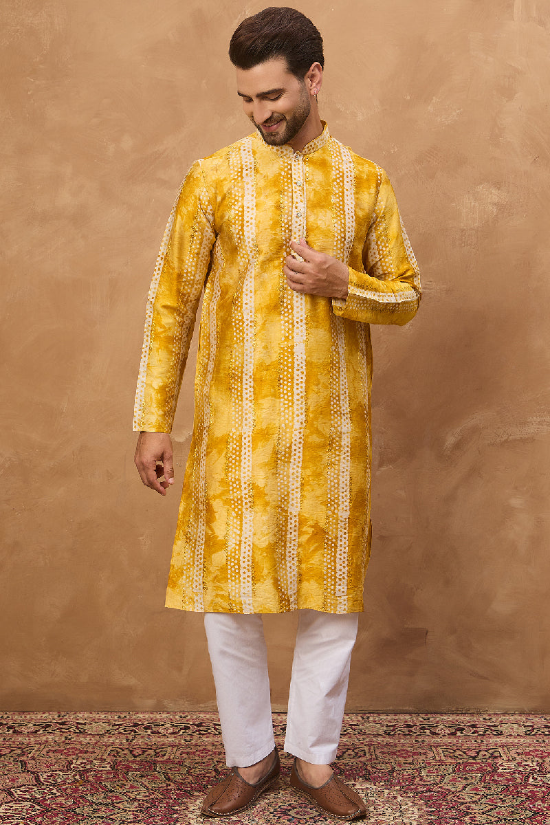 Yellow Silk Blend Shibori Embroidered Straight Kurta With Pant Set MKSET1540
