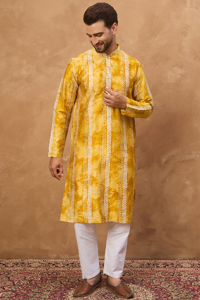Yellow Silk Blend Shibori Embroidered Straight Kurta With Pant Set MKSET1540