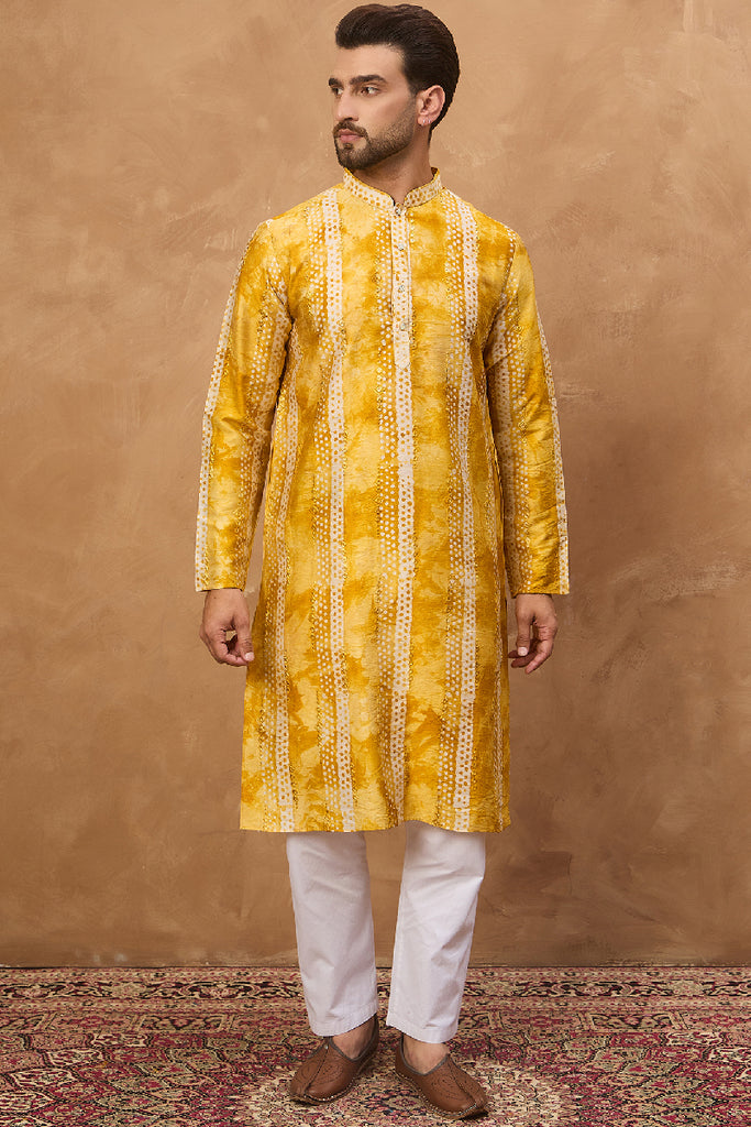 Yellow Silk Blend Shibori Embroidered Straight Kurta With Pant Set MKSET1540
