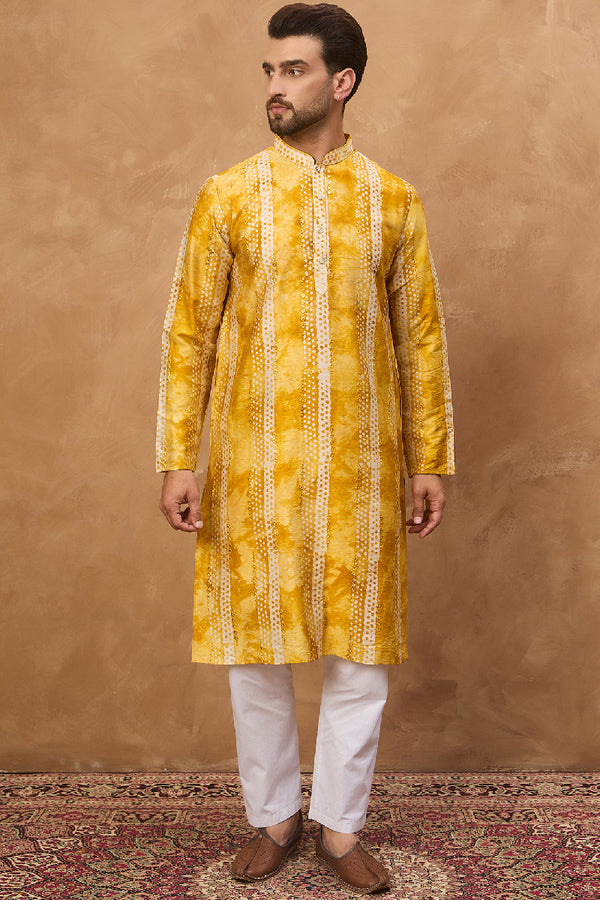 Yellow Silk Blend Shibori Embroidered Straight Kurta MKU1540