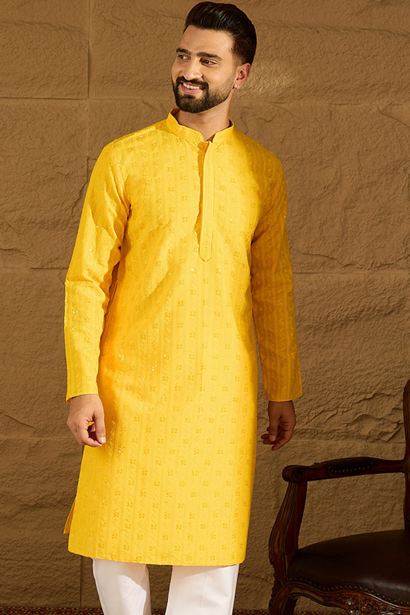 Yellow Viscose Rayon Solid Embroidered Straight Kurta MKU1552