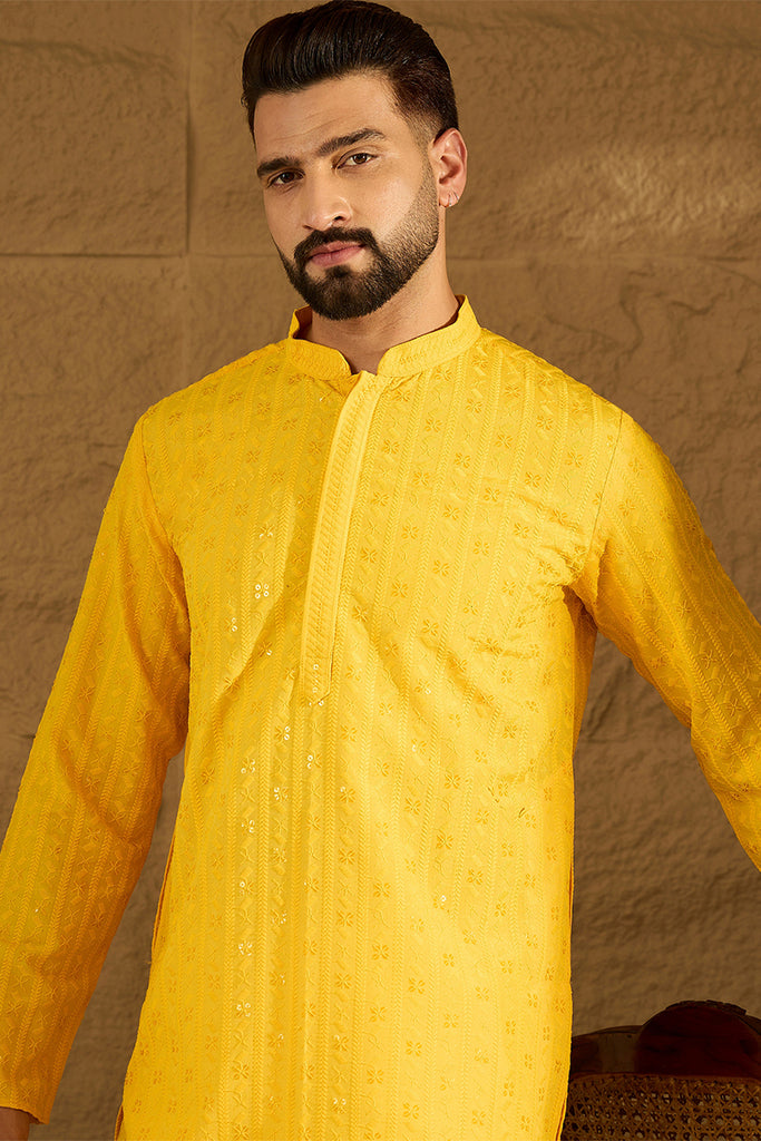 Yellow Viscose Rayon Solid Embroidered Straight Kurta with Trouser MKSET1552