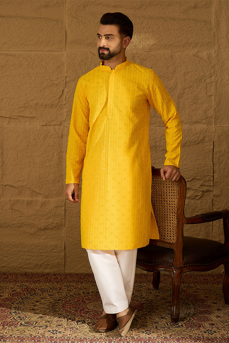 Yellow Viscose Rayon Solid Embroidered Straight Kurta with Trouser MKSET1552