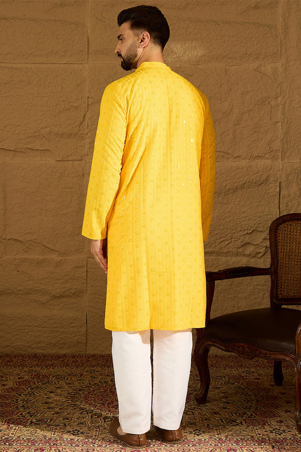 Yellow Viscose Rayon Solid Embroidered Straight Kurta with Trouser MKSET1552