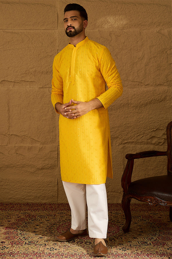 Yellow Viscose Rayon Solid Embroidered Straight Kurta with Trouser MKSET1552