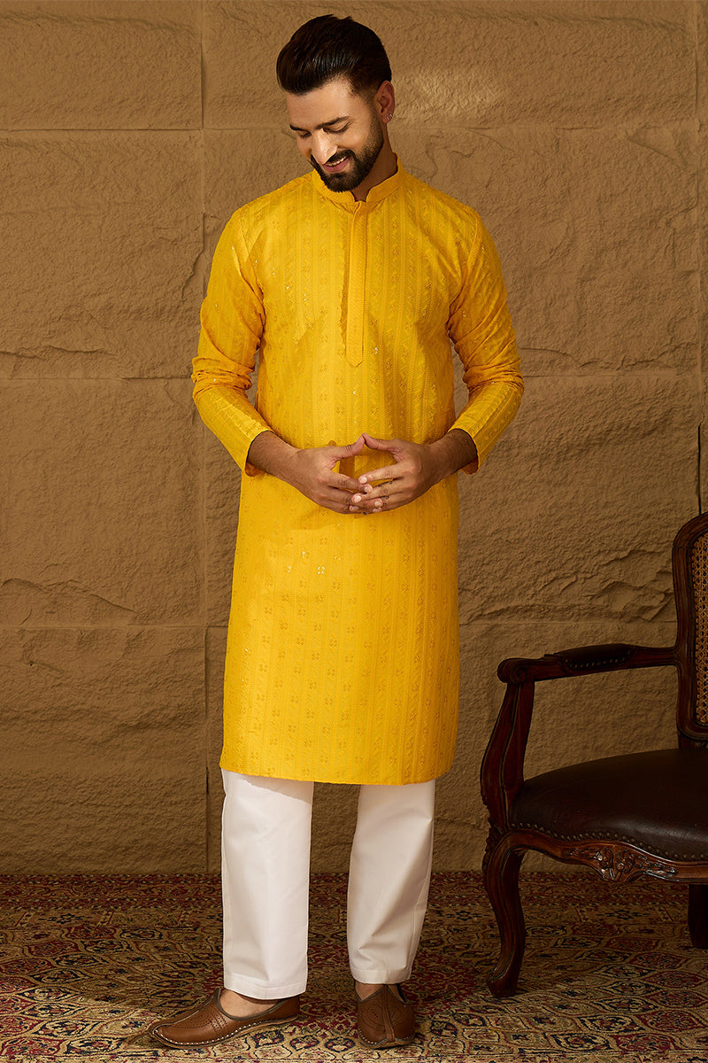 Yellow Viscose Rayon Solid Embroidered Straight Kurta with Trouser MKSET1552