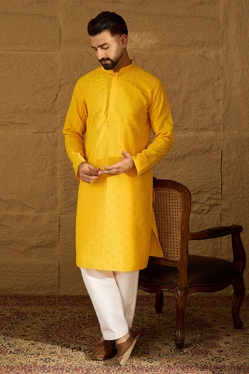 Yellow Viscose Rayon Solid Embroidered Straight Kurta with Trouser MKSET1552