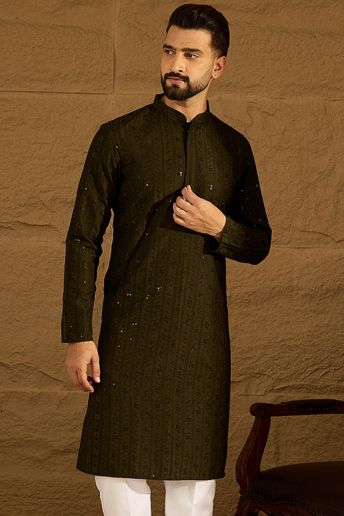 Olive Viscose Rayon Solid Embroidered Straight Kurta MKU1553