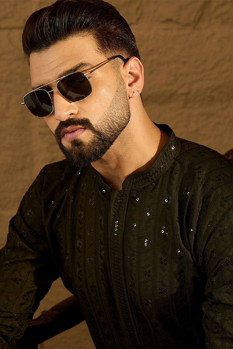 Olive Viscose Rayon Solid Embroidered Straight Kurta with Trouser MKSET1553