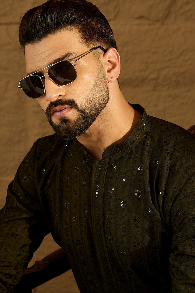 Olive Viscose Rayon Solid Embroidered Straight Kurta with Trouser MKSET1553