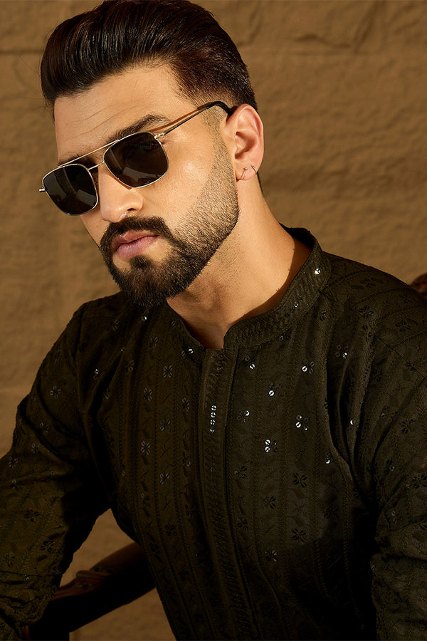 Olive Viscose Rayon Solid Embroidered Straight Kurta with Trouser MKSET1553