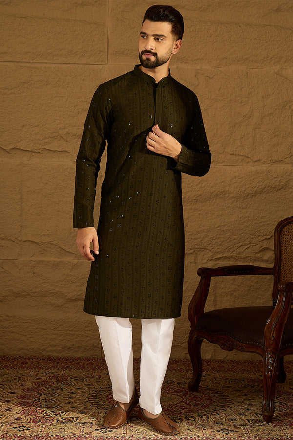 Olive Viscose Rayon Solid Embroidered Straight Kurta with Trouser MKSET1553