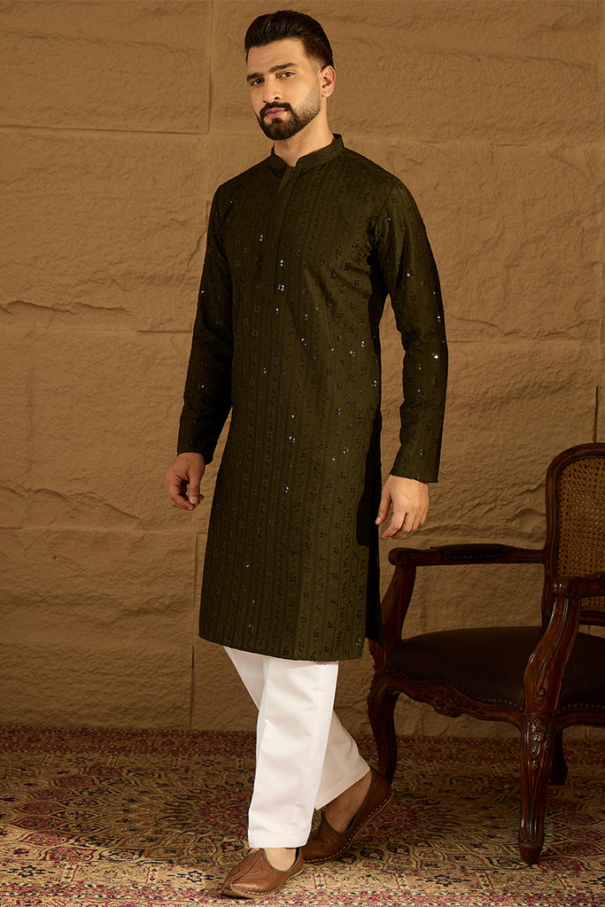 Olive Viscose Rayon Solid Embroidered Straight Kurta with Trouser MKSET1553