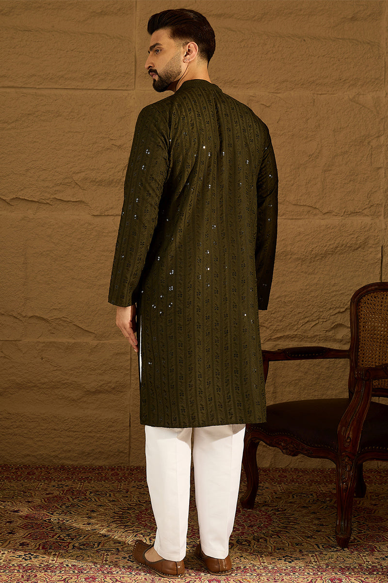 Olive Viscose Rayon Solid Embroidered Straight Kurta with Trouser MKSET1553