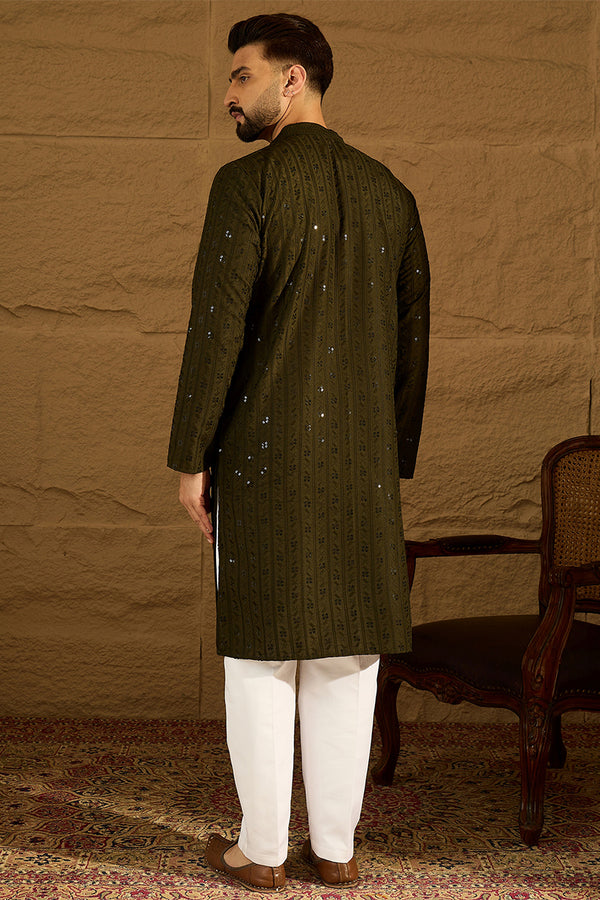 Olive Viscose Rayon Solid Embroidered Straight Kurta with Trouser MKSET1553