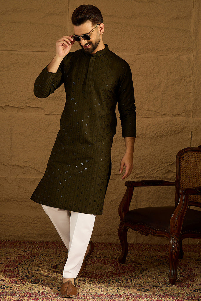 Olive Viscose Rayon Solid Embroidered Straight Kurta with Trouser MKSET1553