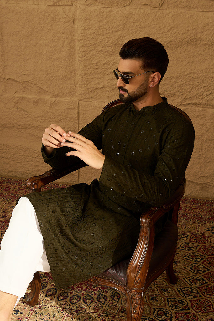 Olive Viscose Rayon Solid Embroidered Straight Kurta with Trouser MKSET1553