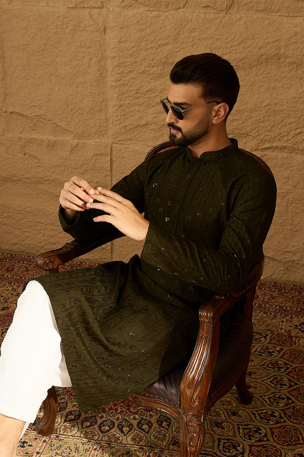 Olive Viscose Rayon Solid Embroidered Straight Kurta with Trouser MKSET1553