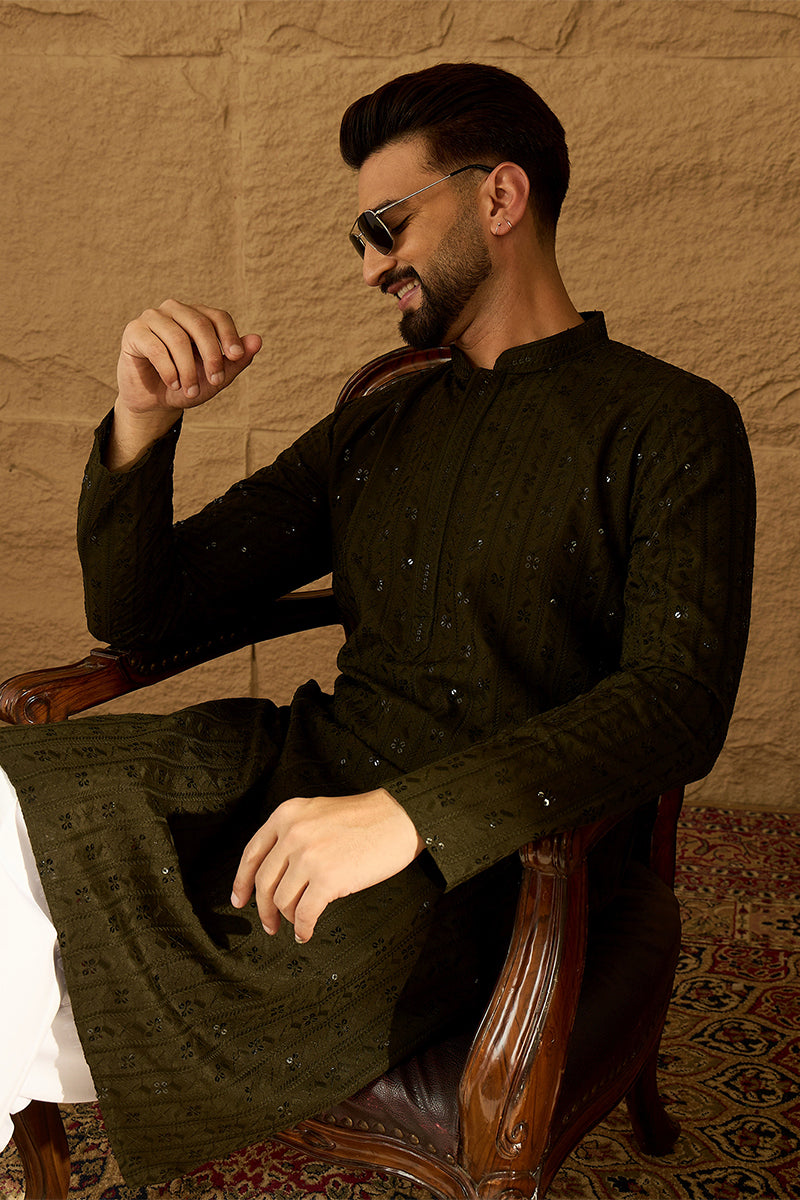Olive Viscose Rayon Solid Embroidered Straight Kurta with Trouser MKSET1553