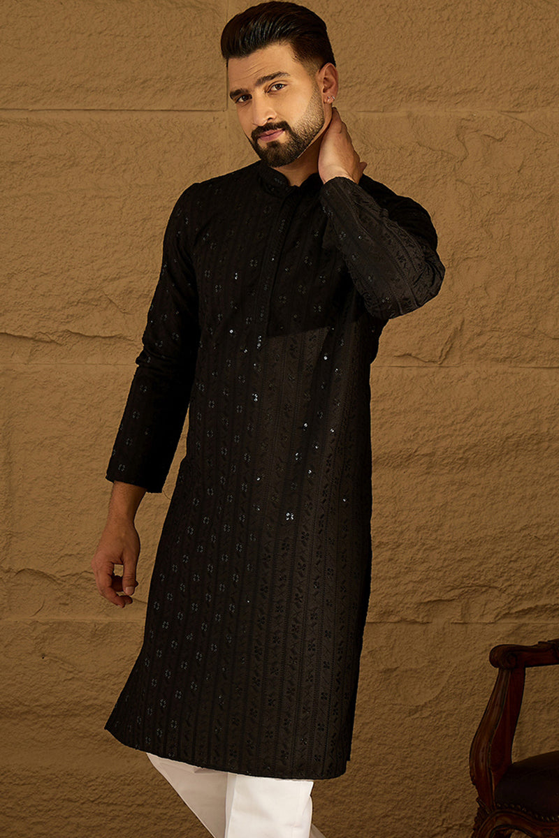 Black Viscose Rayon Solid Embroidered Straight Kurta MKU1554