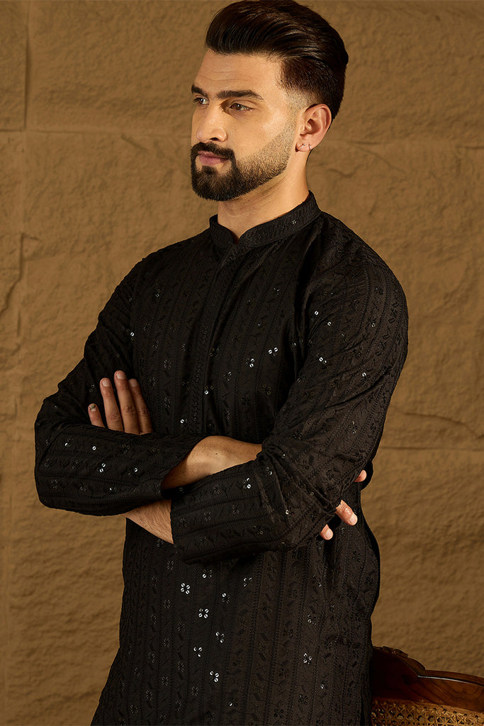 Black Viscose Rayon Solid Embroidered Straight Kurta with Trouser MKSET1554