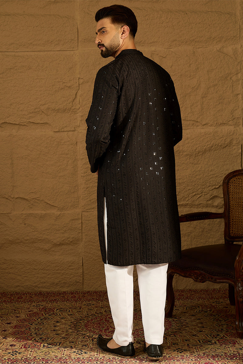Black Viscose Rayon Solid Embroidered Straight Kurta with Trouser MKSET1554