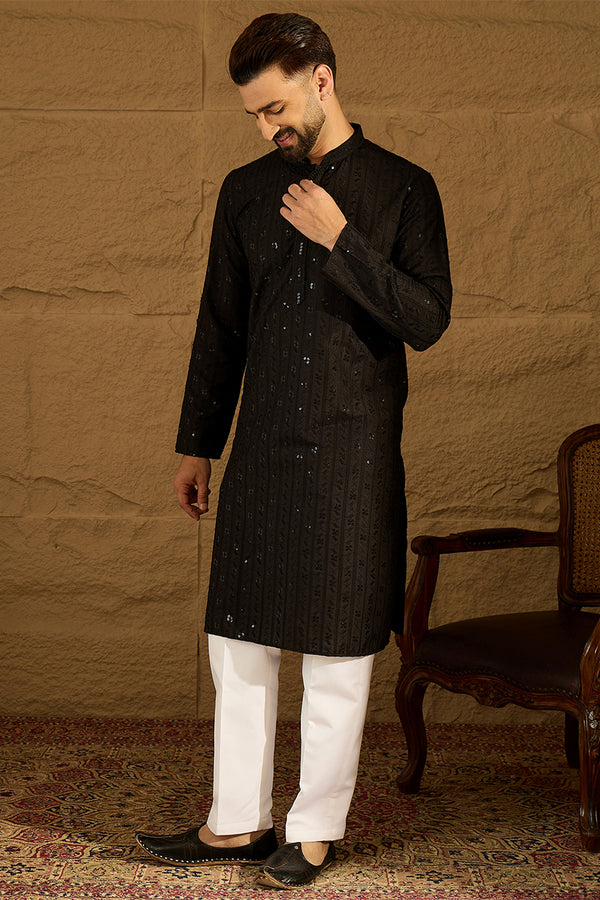 Black Viscose Rayon Solid Embroidered Straight Kurta with Trouser MKSET1554
