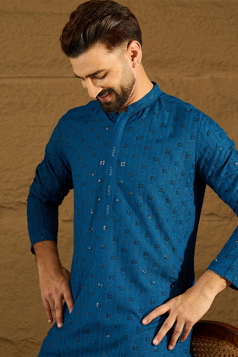 Blue Viscose Rayon Solid Embroidered Straight Kurta MKU1555