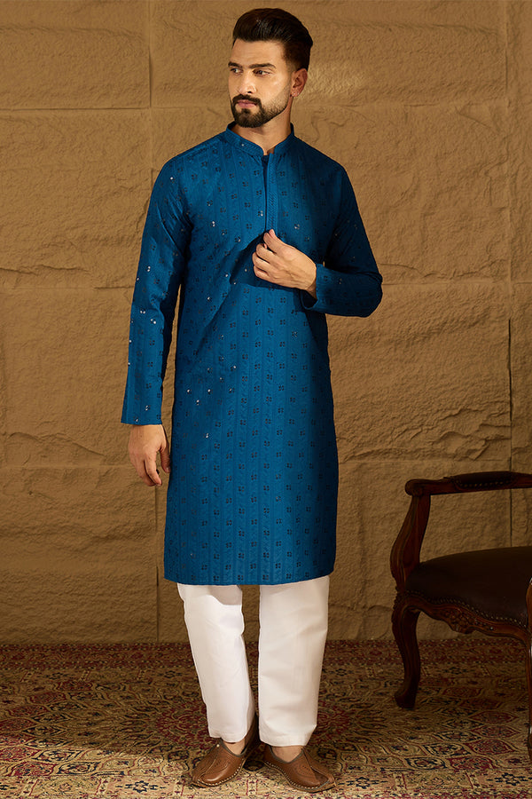 Blue Viscose Rayon Solid Embroidered Straight Kurta with Trouser MKSET1555
