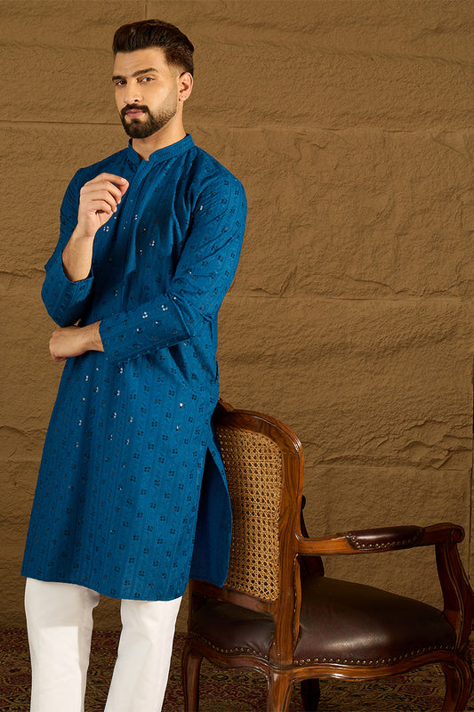 Blue Viscose Rayon Solid Embroidered Straight Kurta MKU1555