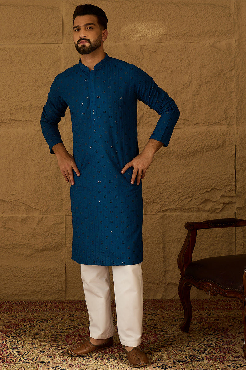 Blue Viscose Rayon Solid Embroidered Straight Kurta with Trouser MKSET1555