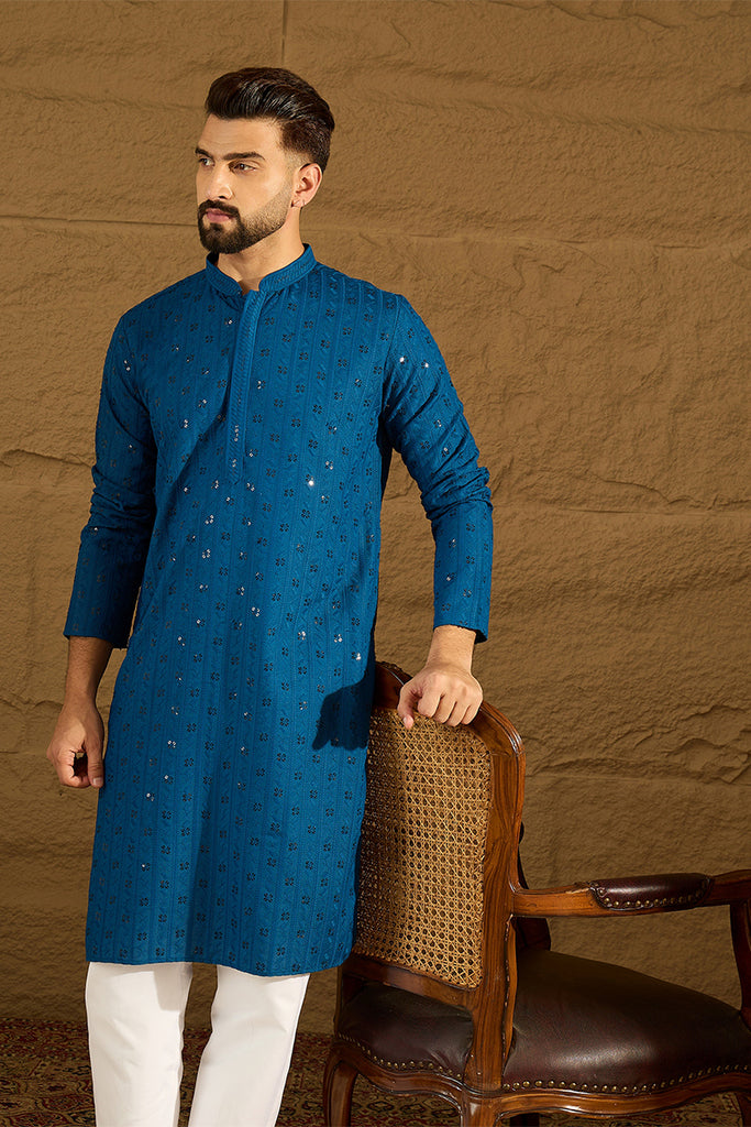 Blue Viscose Rayon Solid Embroidered Straight Kurta with Trouser MKSET1555