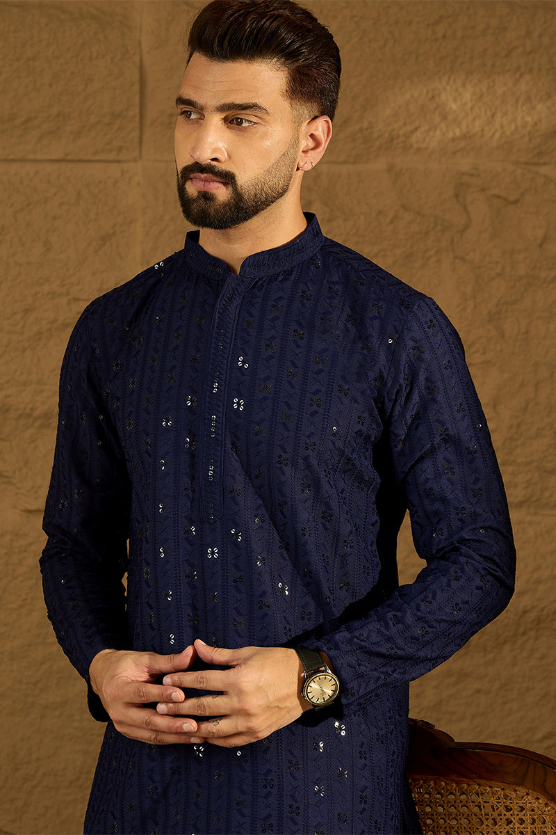 Navy Blue Viscose Rayon Solid Embroidered Straight Kurta with Trouser MKSET1556