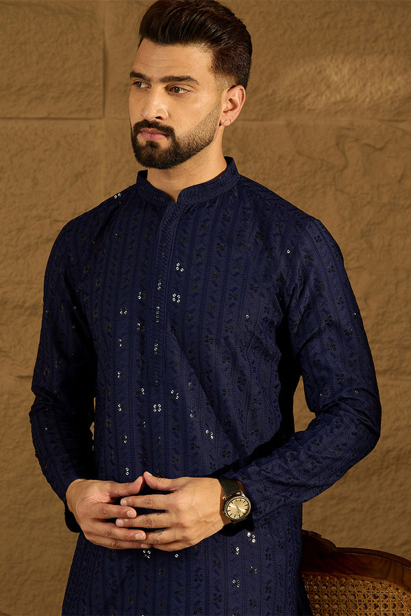 Navy Blue Viscose Rayon Solid Embroidered Straight Kurta with Trouser MKSET1556