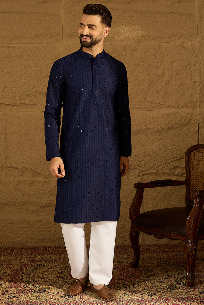 Navy Blue Viscose Rayon Solid Embroidered Straight Kurta MKU1556