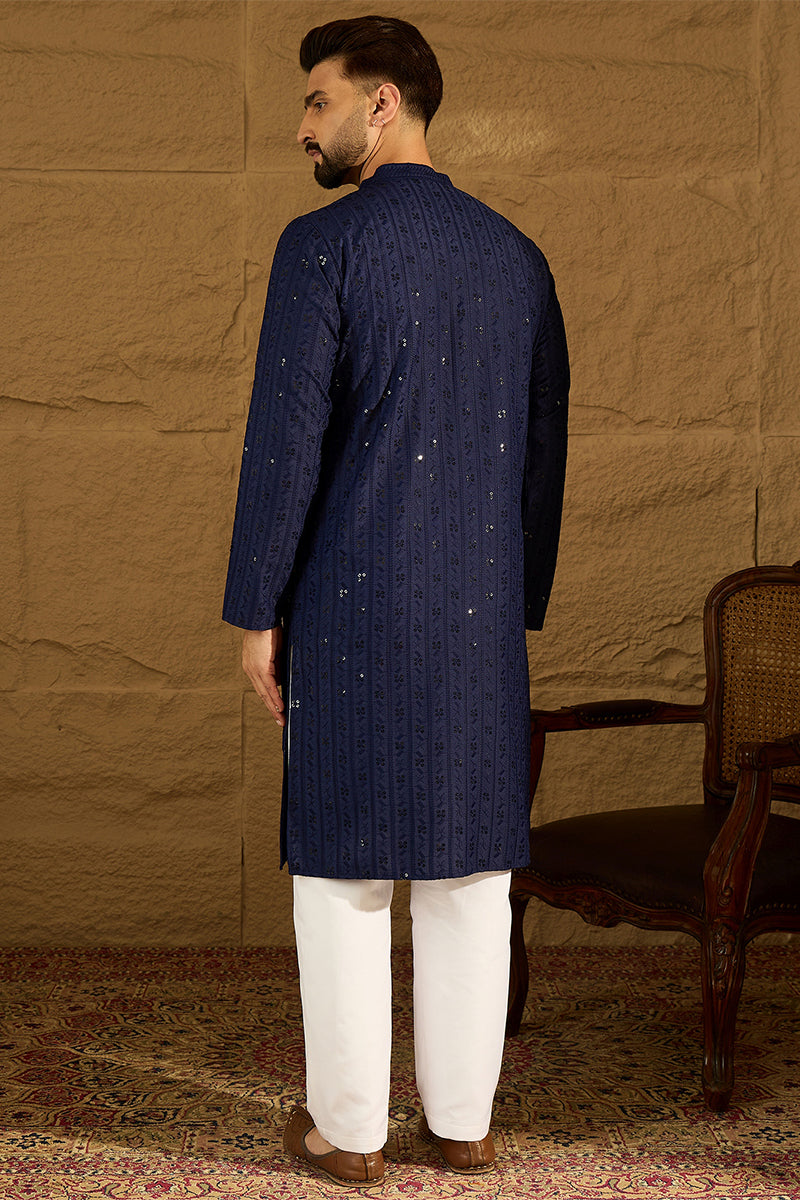 Navy Blue Viscose Rayon Solid Embroidered Straight Kurta with Trouser MKSET1556