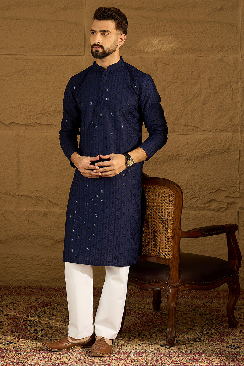 Navy Blue Viscose Rayon Solid Embroidered Straight Kurta with Trouser MKSET1556