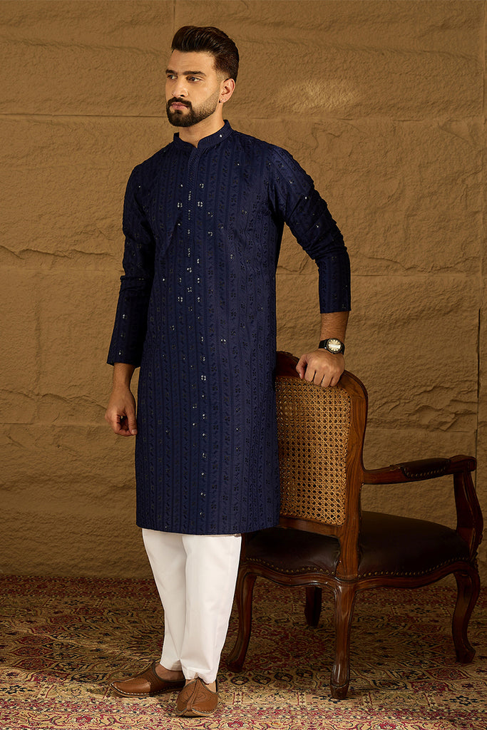 Navy Blue Viscose Rayon Solid Embroidered Straight Kurta with Trouser MKSET1556