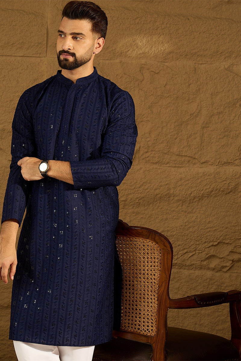 Navy Blue Viscose Rayon Solid Embroidered Straight Kurta MKU1556