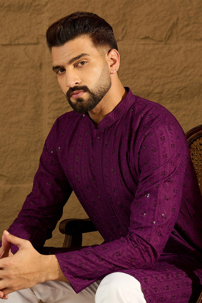 Purple Viscose Rayon Solid Embroidered Straight Kurta MKU1557