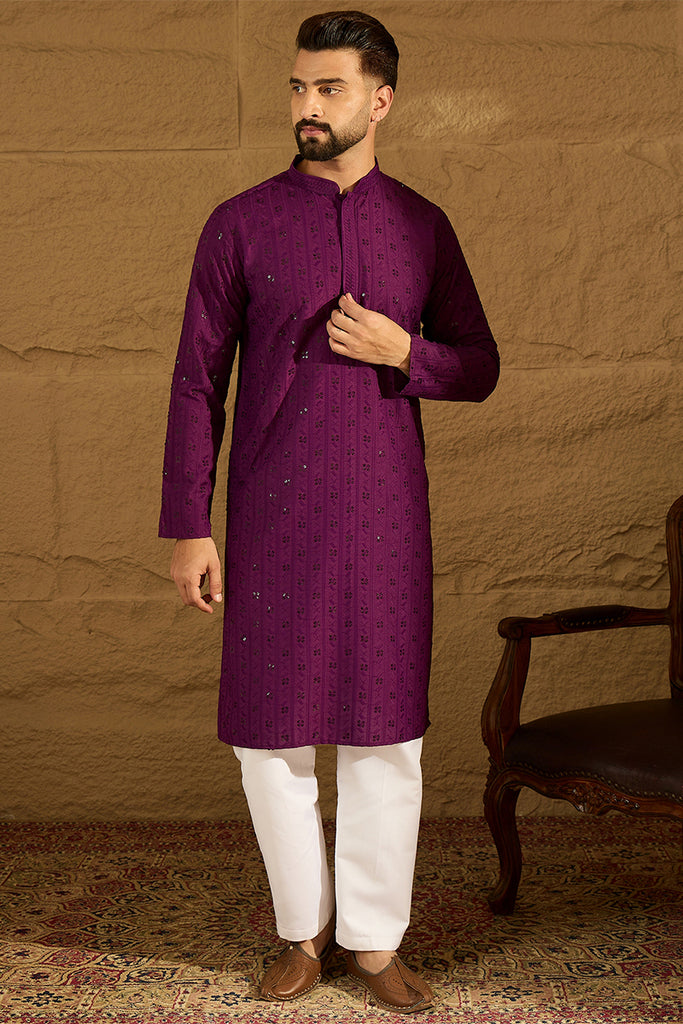 Purple Viscose Rayon Solid Embroidered Straight Kurta with Trouser MKSET1557