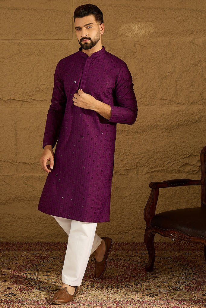 Purple Viscose Rayon Solid Embroidered Straight Kurta with Trouser MKSET1557