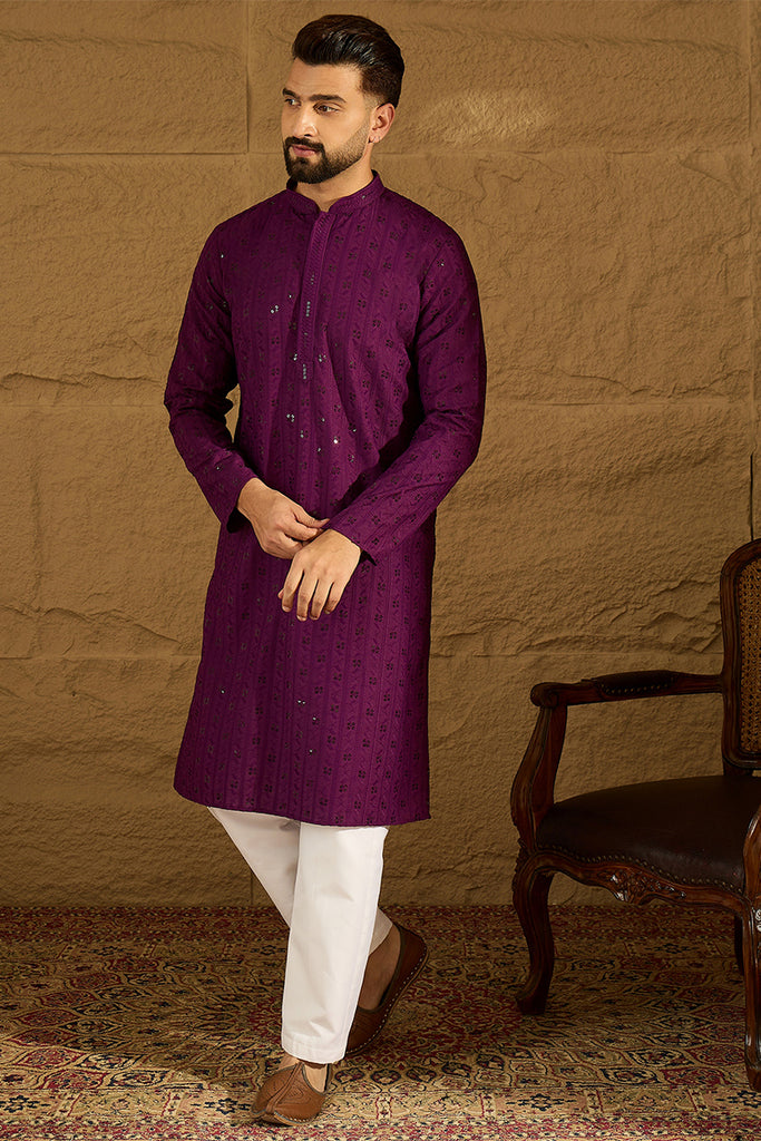 Purple Viscose Rayon Solid Embroidered Straight Kurta with Trouser MKSET1557